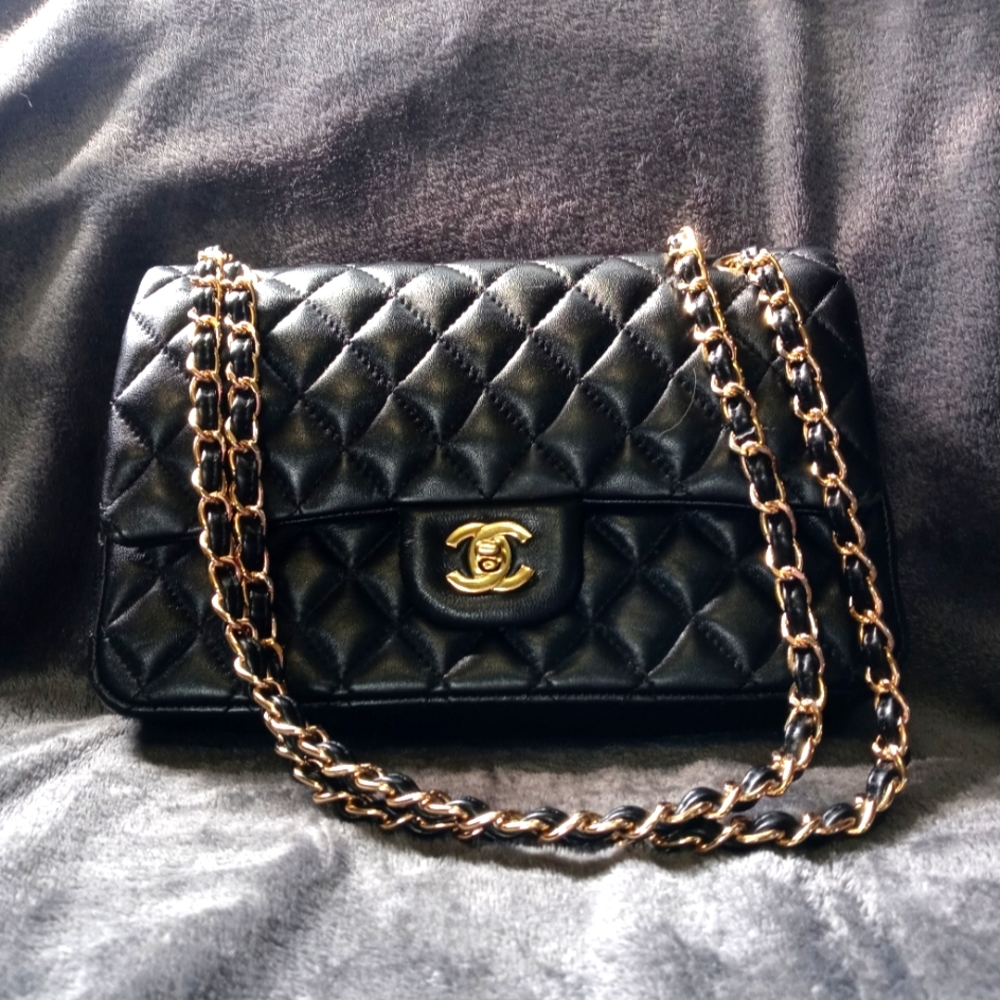 Black Lambskin Double Flap Shou